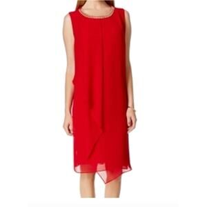 MSK True Red Cocktail Dress Chiffon Emblished neckline Sheath Romantic Sz 12